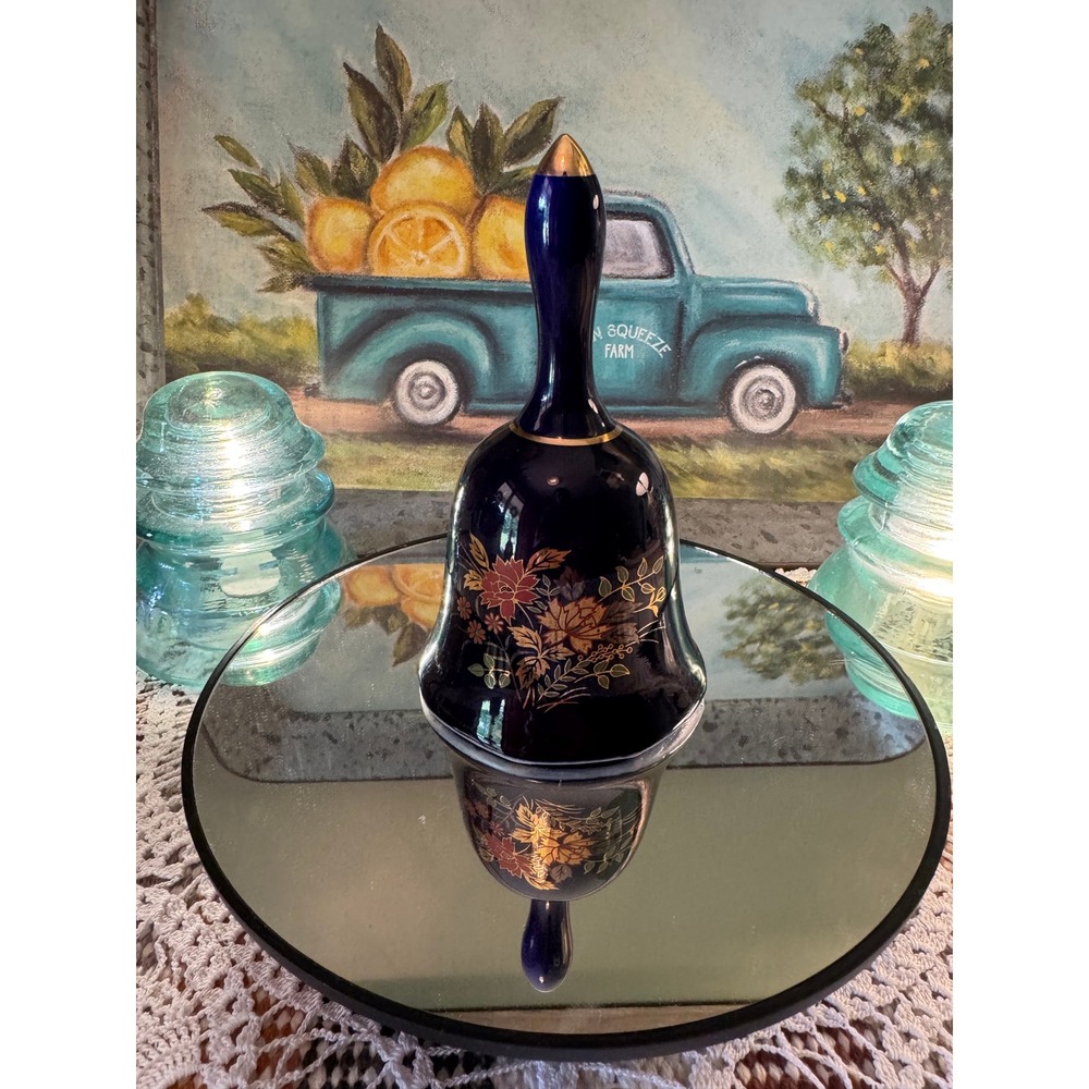 Vintage Cobalt Blue Porcelain Dinner Bell Floral Gold Trim Decorative Hand Bell